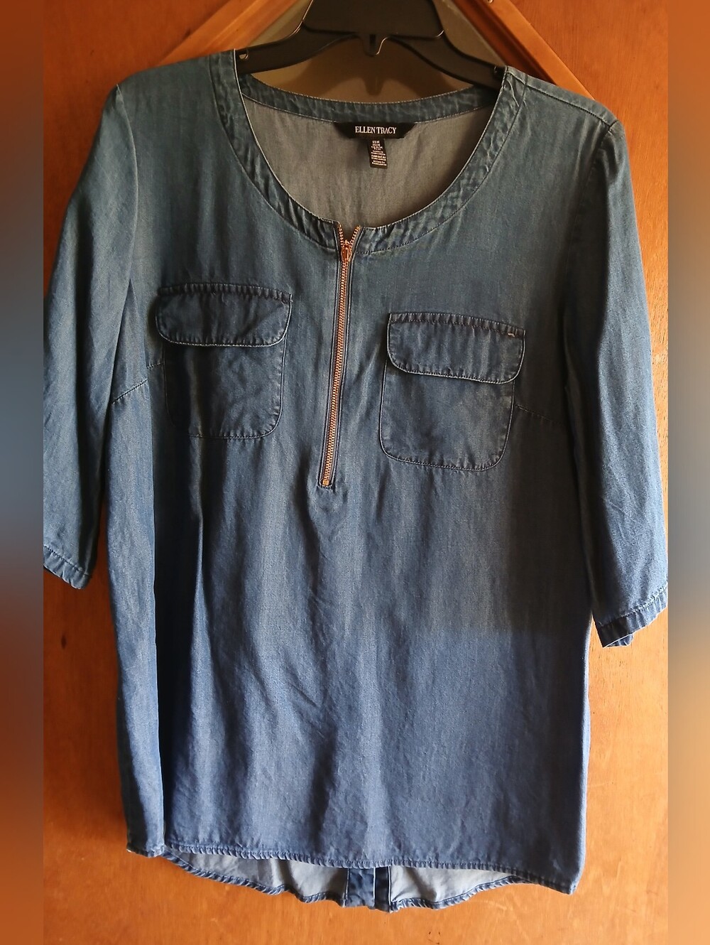 Ellen Tracy Blue Denim-Look Button Front Tunic Shirt